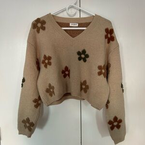 Storia Beige/Light Brown Knit Cropped V-Neck Sweater, size Medium